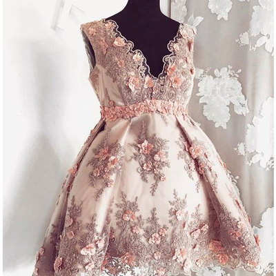 V neck prom dresses homecoming dresses with handmade flowers - Thumbnail 5