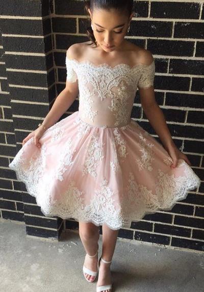 Off-the-shoulder Appliques Pink Lace Short Prom Dress Formal Dress