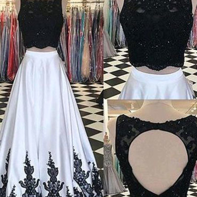 Sexy two piece black long women's prom dresses with appliques - Thumbnail 5