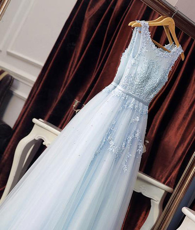 Elegant Light Sky Blue Tulle Long Prom Dresses with Appliques for Women