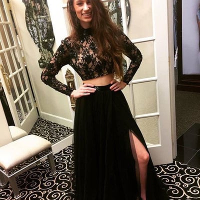 Sexy two piece lace tulle black long prom dresses with long sleeves - Thumbnail 5