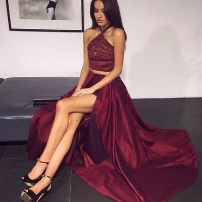 Sexy two piece halter long prom dresses with skirt - Thumbnail 5