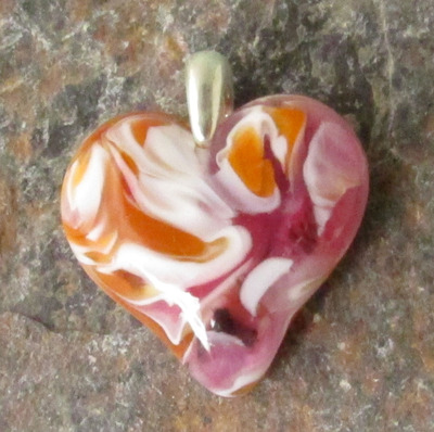 Salmon Pink and Cinnabar Glass Heart Pendant