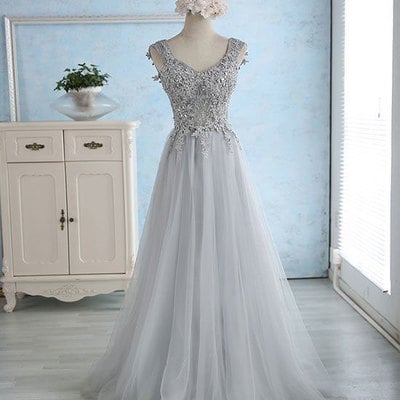 Gray blue long prom dresses with appliques - Thumbnail 5