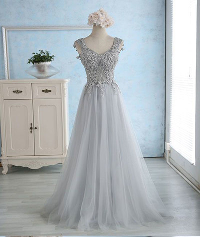 Gray Blue Long Prom Dresses with Appliques