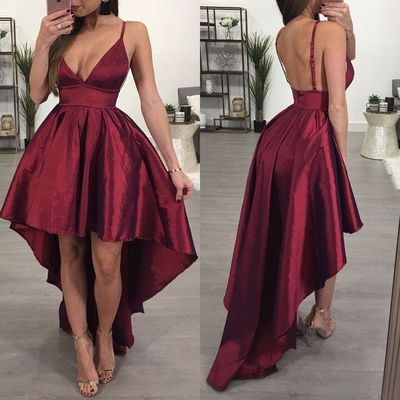 Sexy Spaghetti Straps V Cut Hi Low Prom Dresses