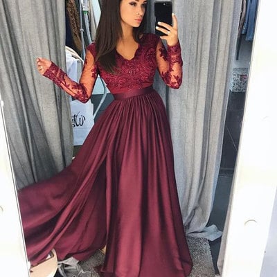 Elegant long sleeves v neck long prom dresses with lace appliques - Thumbnail 5