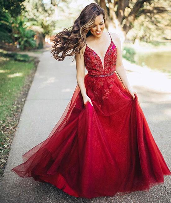 Burgundy v neck tulle long prom dress, burgundy evening dress