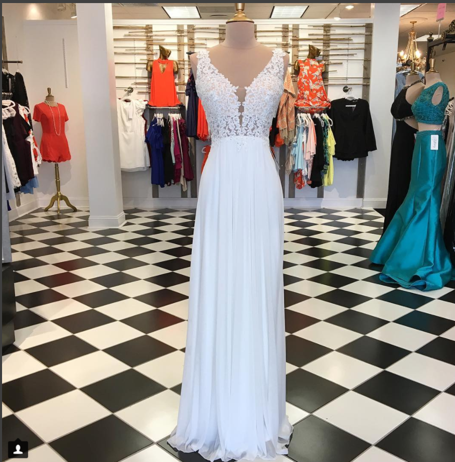 White A-line chiffon lace long prom dress, white bridesmaid dress