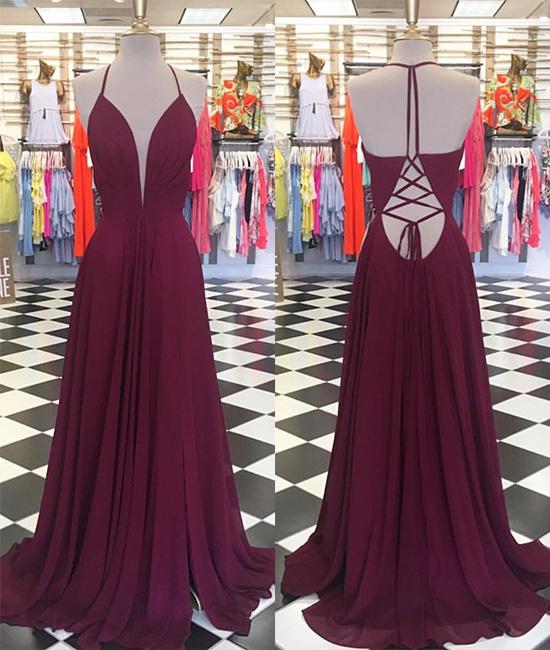 Simple v neck chiffon backless long prom dress, evening dress