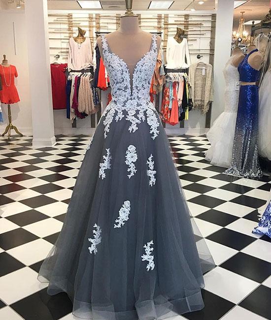 Gray tulle A-line lace long prom dress, gray bridesmaid dress