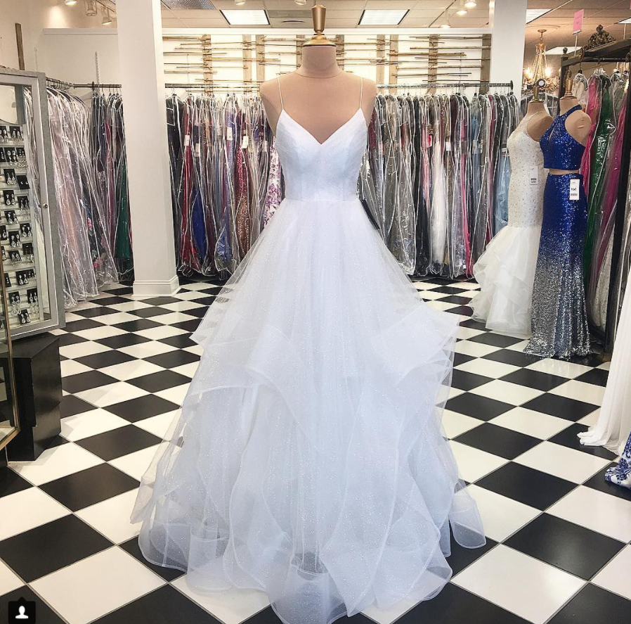 Simple white v neck tulle long prom dress, white evening dress