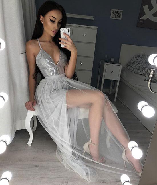 Gray v neck tulle long prom dress, gray evening dress