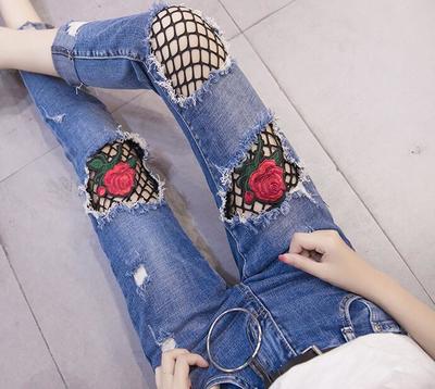 Rose embroidery Fishnet Mesh Ripped Jeans