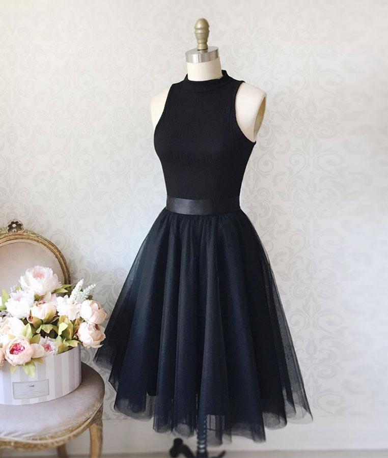 Simple black tulle short prom dress, black homecoming dress