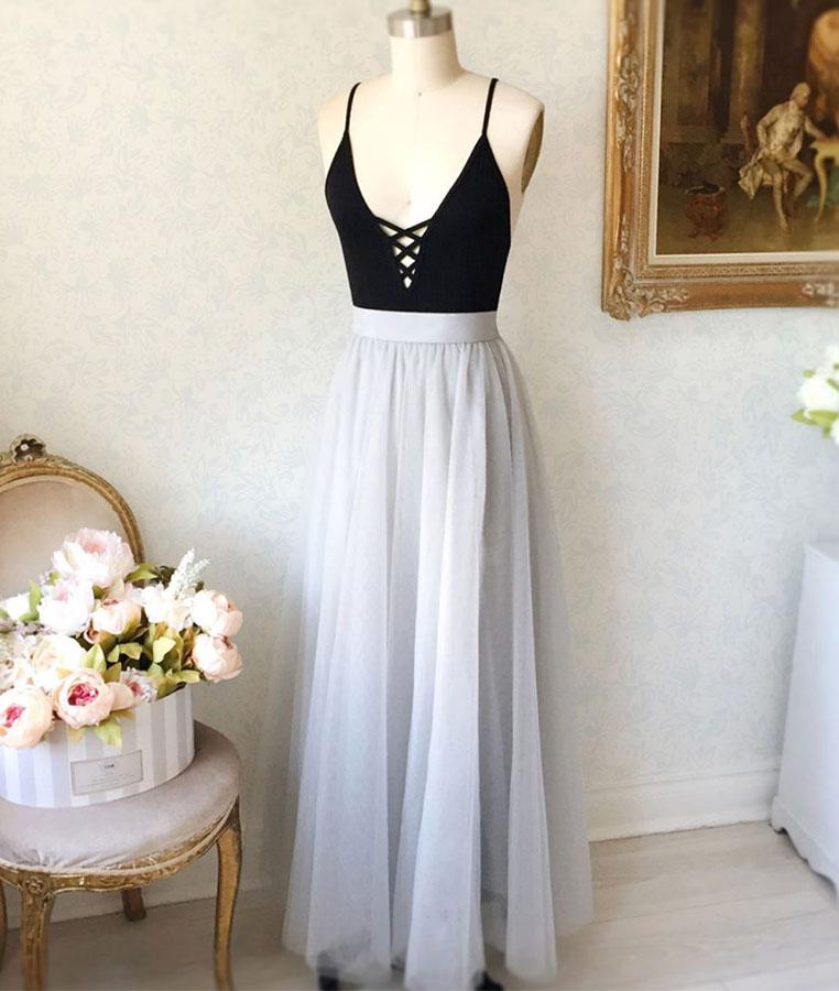 Simple v neck tulle gray long prom dress, gray evening dress