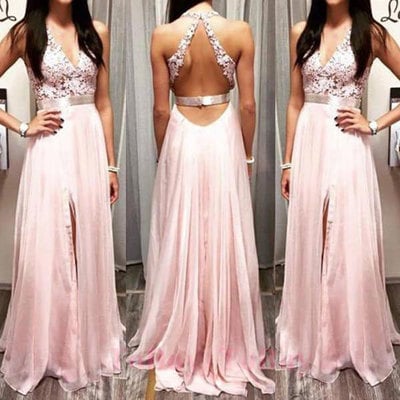 V neck split side long prom dresses with appliques lace - Thumbnail 5