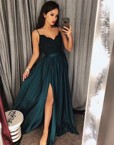 Dark green v neck lace long prom dress, green evening dress