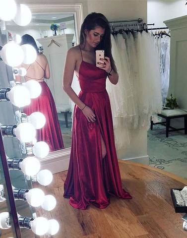 Simple backless long prom dress, burgundy evening dress