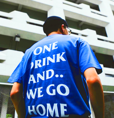 ONE DRINK AND WE GO HOME T SHIRT IN BLUE