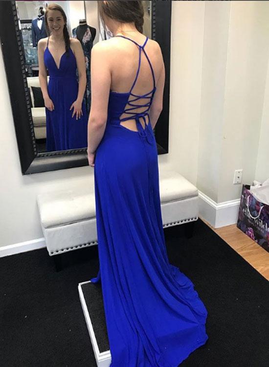 Blue v neck backless long prom dress, blue evening dress