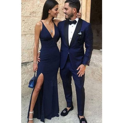 Sexy v neck slit side long navy blue prom dresses - Thumbnail 4