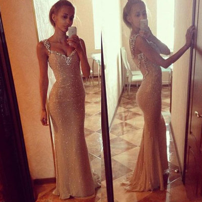 Elegant champagne gold straps prom dresses with beaded - Thumbnail 4