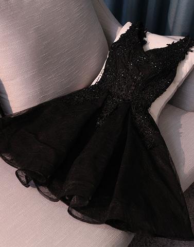Custom made black lace applique tulle short prom dress black homecoming dress