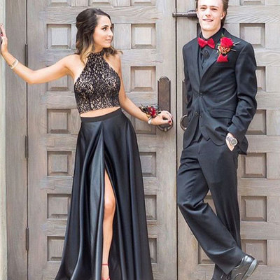 Black two piece prom dresses split side with beading - Thumbnail 4