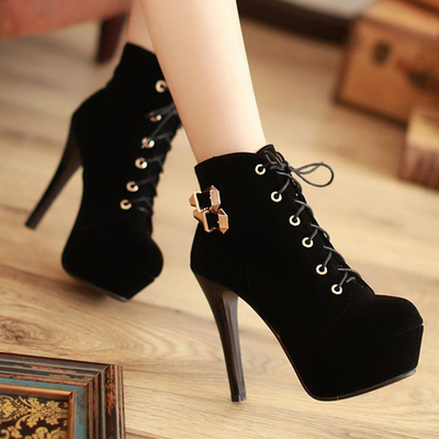 Pure Black Round Toe Stiletto Heel Lace Up Boots Q-0003