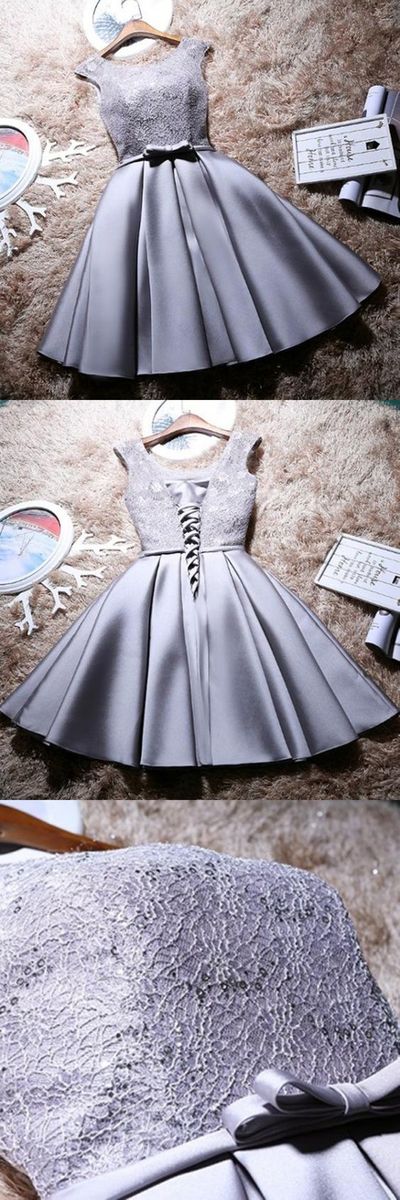 A-Line Bateau Cap Sleeves Short Grey Satin Homecoming Dress with Bowknot Lace