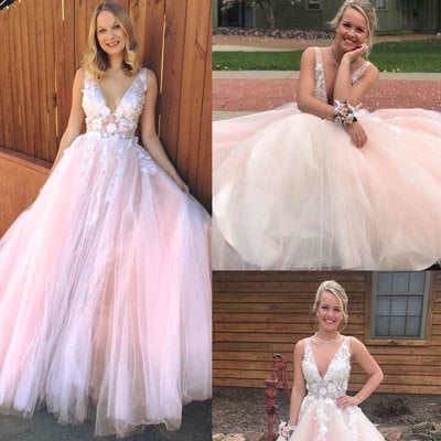Deep v neck tulle pink bridal dress with flowers prom dresses  - Thumbnail 5
