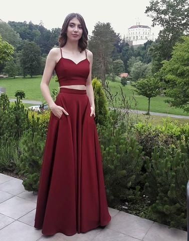 Two Piece Burgundy Prom Dresses Long Spaghetti Straps