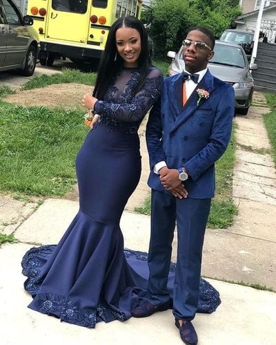 Navy Blue Mermaid Prom Dresses Crew Neck Long Sleeve Lace Appliques African Girl Black Girl Evening Formal Gowns