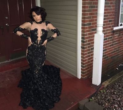 Black Mermaid Prom Dresses High Neck 3D Flowers Lace Sheer Long Sleeve Black Girl African Girl Evening Formal Gowns