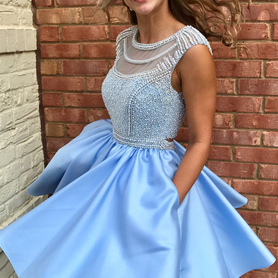 Cute light blue satin homecoming dress with beaded,short prom dresses with pockets - Thumbnail 5