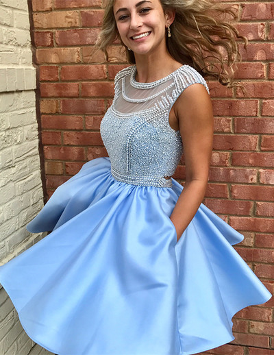 Cute Light Blue Satin Homecoming Dress with Beaded,Short Prom Dresses with Pockets