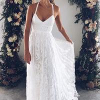 Princess White Lace Long Wedding Dress with Criss Back - Thumbnail 2