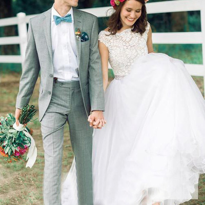 Elegant white lace wedding dress with crystal sash - Thumbnail 5