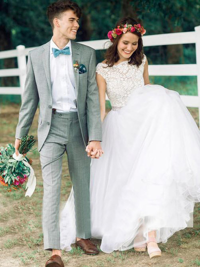Elegant White Lace Wedding Dress with Crystal Sash