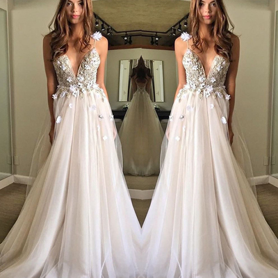 Charming a-line sleeveless tulle beach flowy wedding dresses with applique - Thumbnail 5