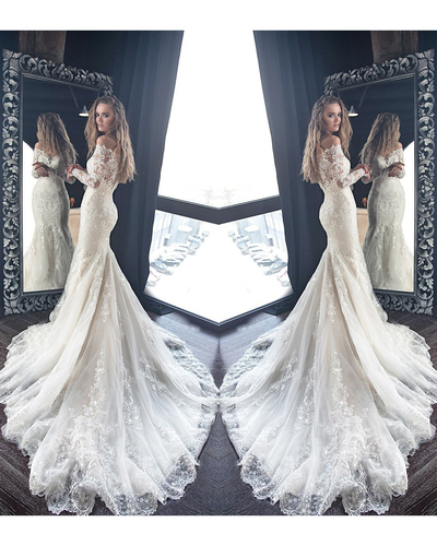 Gorgeous Ivory Lace Mermaid Long Sleeve Off Shoulder Wedding Dress With Applique