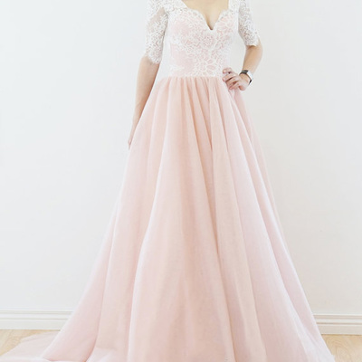 Elegant a-line white sleeves pink long tulle wedding dress - Thumbnail 5