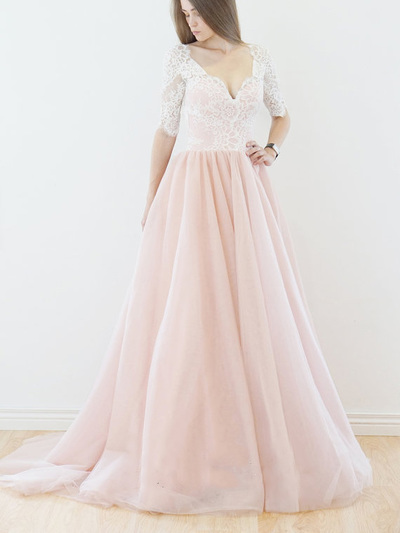 Elegant A-line White Sleeves Pink Long Tulle Wedding Dress