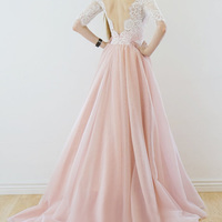 Elegant A-line White Sleeves Pink Long Tulle Wedding Dress - Thumbnail 1