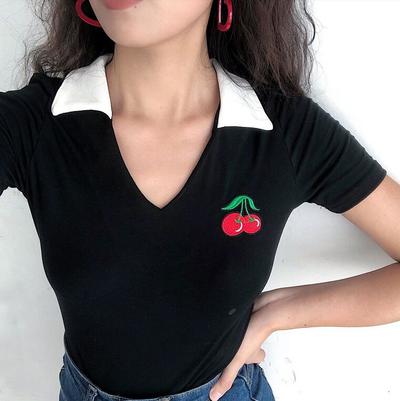 V-neck Lapel Cherry Embroidered Onesie T-shirt