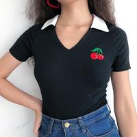 V-neck Lapel Cherry Embroidered Onesie T-shirt - Thumbnail 1