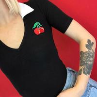 V-neck Lapel Cherry Embroidered Onesie T-shirt - Thumbnail 3