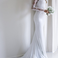 Elegant Lace Long Sleeves Mermaid White Long Wedding Dress with Train - Thumbnail 1