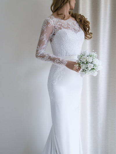 Elegant Lace Long Sleeves Mermaid White Long Wedding Dress with Train